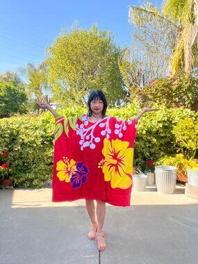 LT60 Red Hand Painted Floral Batik Midi Handpainted 38" Kaftan Women Dress